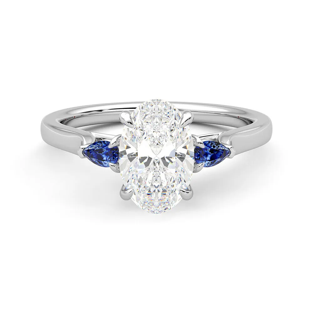 Three Stone Emerald Cut Moissanite and Sapphire Engagement Ring with Hidden Anniversary Stone Accent sold by MSBLUE Jewelry
