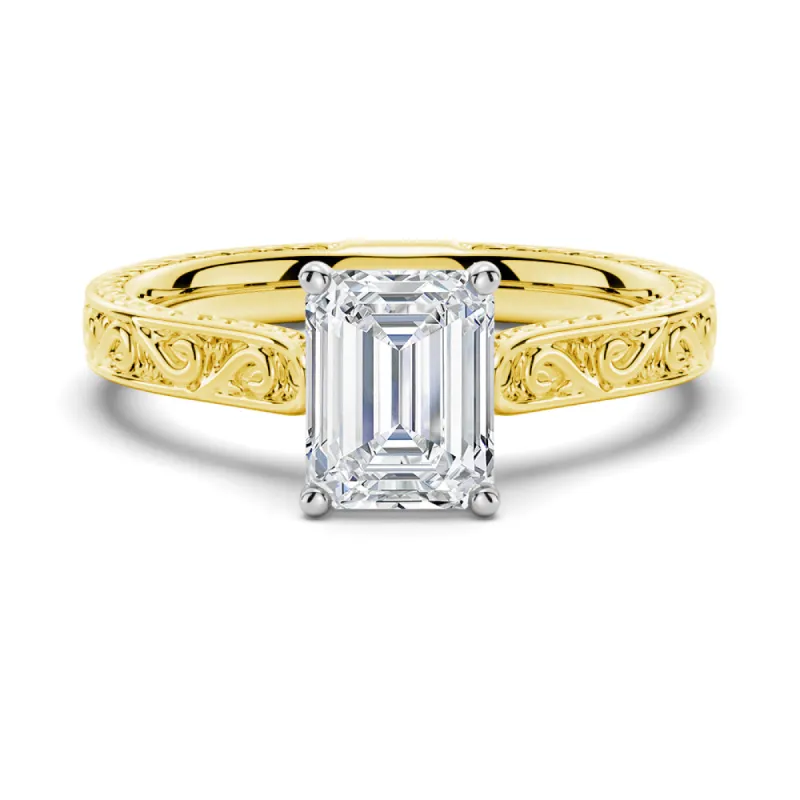 Vintage Two Tone Emerald Cut Moissanite Engagement Ring With Milgrain Edges sold by MSBLUE Jewelry