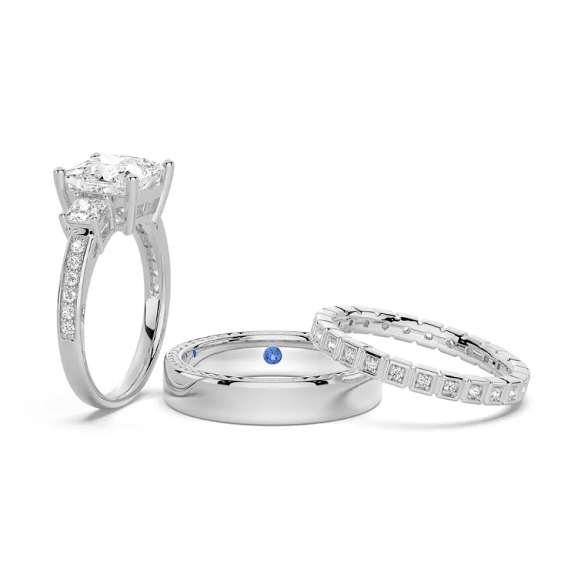 Three Stone Princess Shaped Moissanite Couple's Ring Set with Men's Wedding Band sold by MSBLUE Jewelry