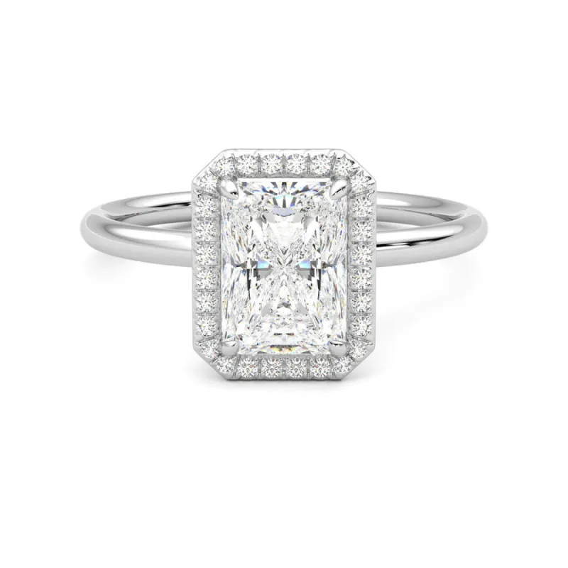 Radiant Cut Halo Moissanite Engagement Ring with Hidden Anniversary Stone Accent sold by MSBLUE Jewelry
