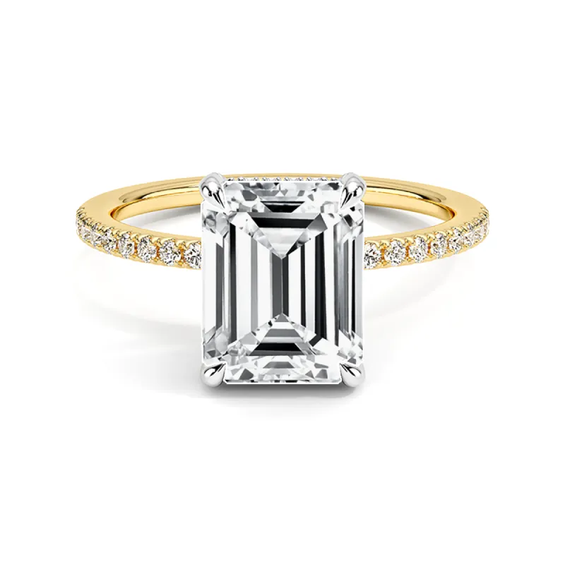 Two-Tone Accented Emerald Cut Engagement Ring With Hidden Halo made by MSBLUE Jewelry