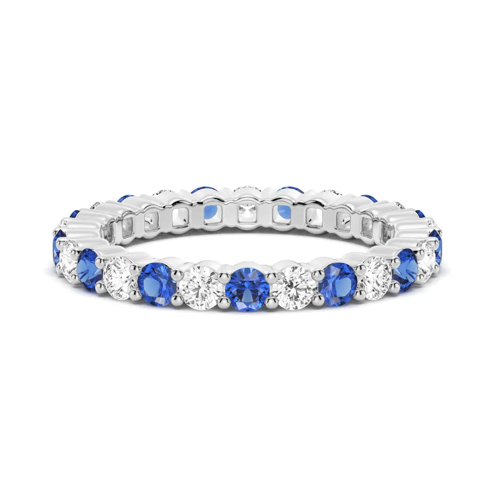 Prong Set Blue Sapphire and White Sapphire Eternity Wedding Band sold by MSBLUE Jewelry