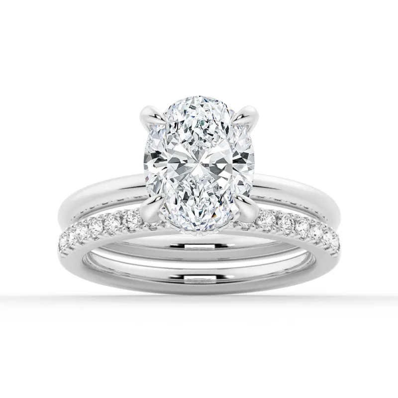 Oval Solitaire Hidden Halo Moissanite Ring Set with Matching Wedding Band sold by MSBLUE Jewelry