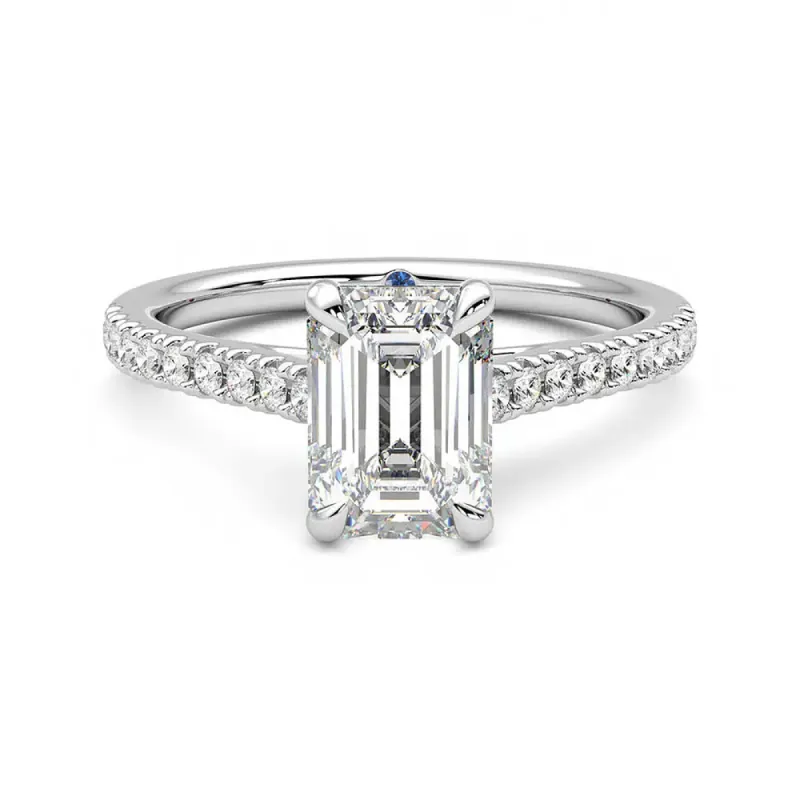 Emerald Cut Moissanite Engagement Ring with Hidden Anniversary Stone and Pavé Accents sold by MSBLUE Jewelry