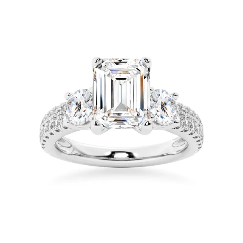 NEW Double Row Pave Three Stone Emerald Cut Moissanite Engagement Ring sold by MSBLUE Jewelry