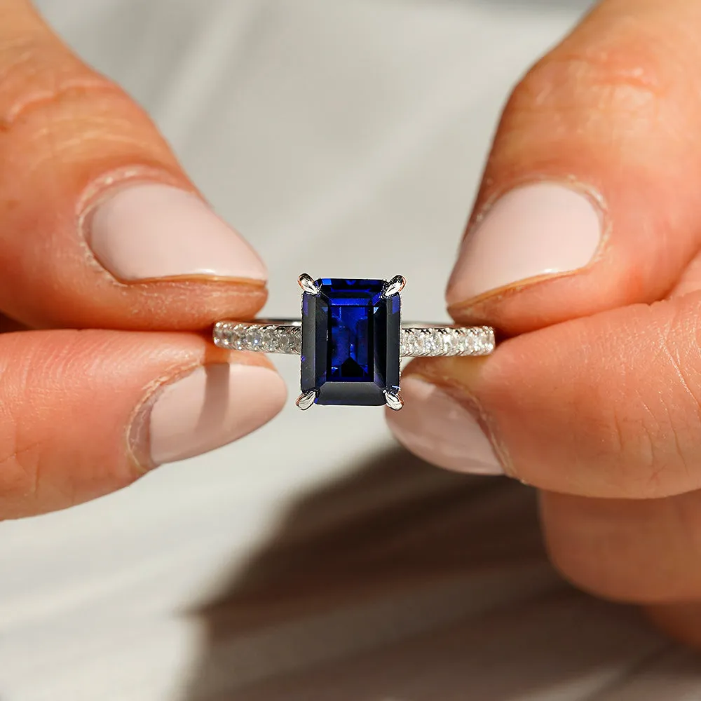 3 CT. Side Stone Lab Grown Sapphire Engagement Ring With Hidden Halo sold by MSBLUE Jewelry product image thumbnail 5