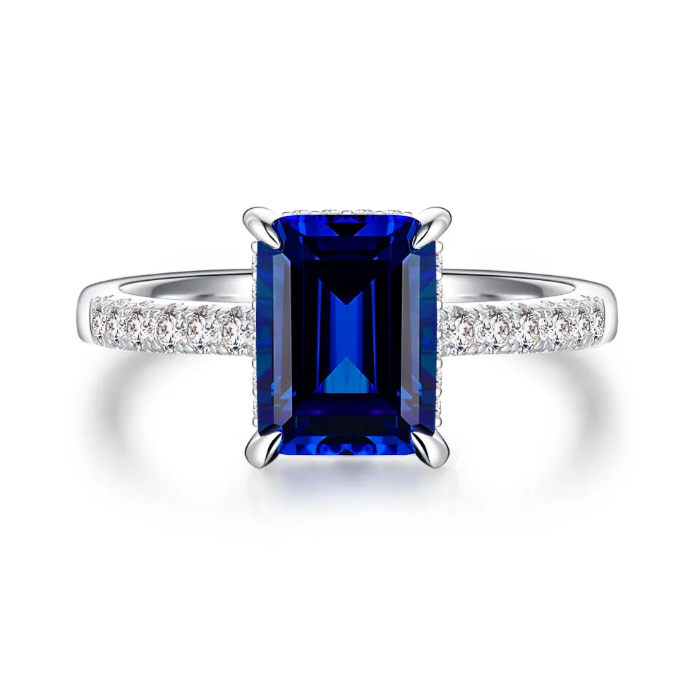 3 CT. Side Stone Lab Grown Sapphire Engagement Ring With Hidden Halo sold by MSBLUE Jewelry