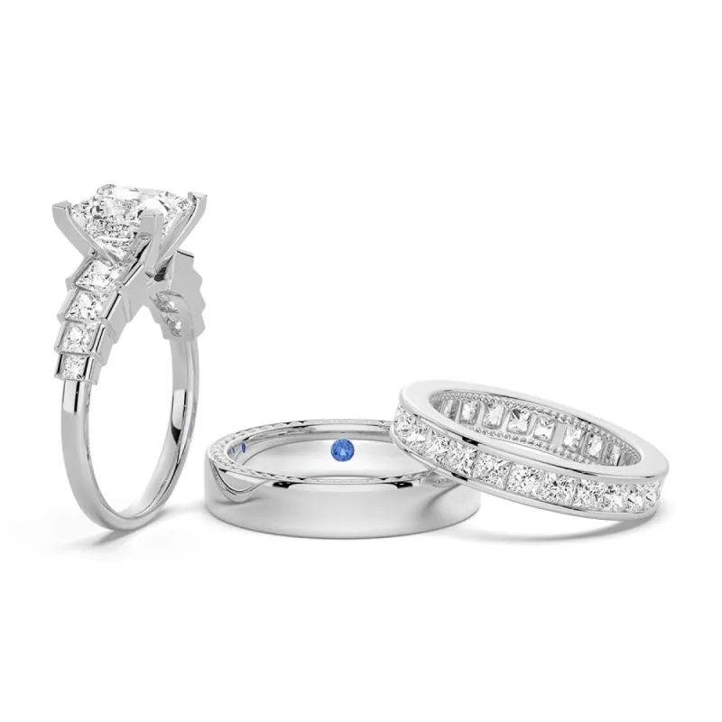 Unique Cinderella Staircase Princess-Cut Moissanite Couple's Ring Set with Men's Wedding Band sold by MSBLUE Jewelry