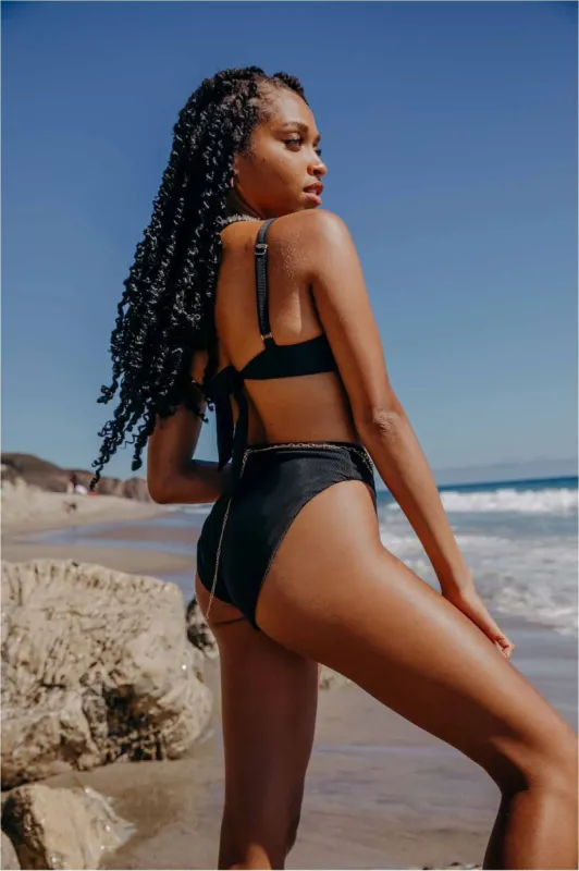 High Waist Ribbed Solana Bikini Bottoms- Onyx Black Ribbed sold by Sabal Swim