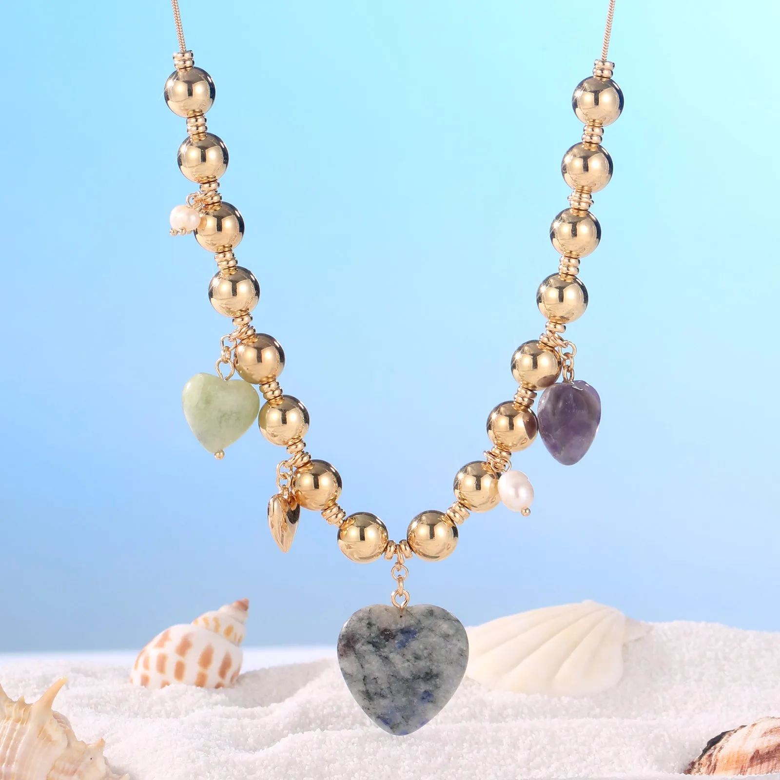 Natural Stone Heart Necklace with Pearl sold by Selenichast product image thumbnail 2