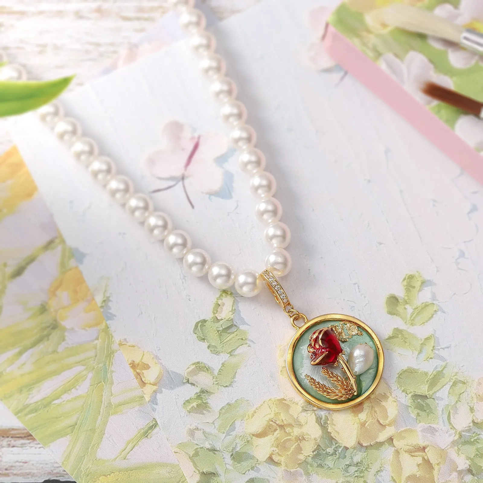 Rose Pendant Oil Painting Necklace sold by Selenichast product image thumbnail 4