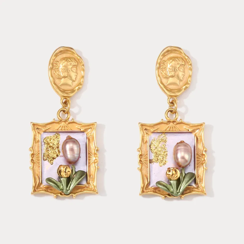 Antique Tulip Oil Painting Earrings sold by Selenichast
