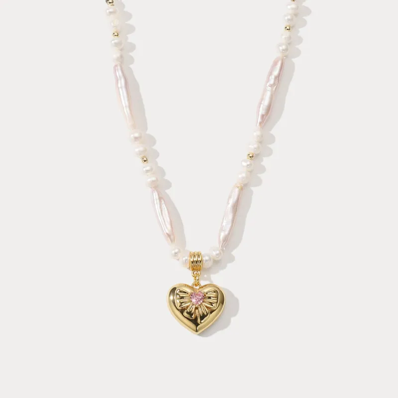 Pink Heart Pearl Necklace sold by Selenichast