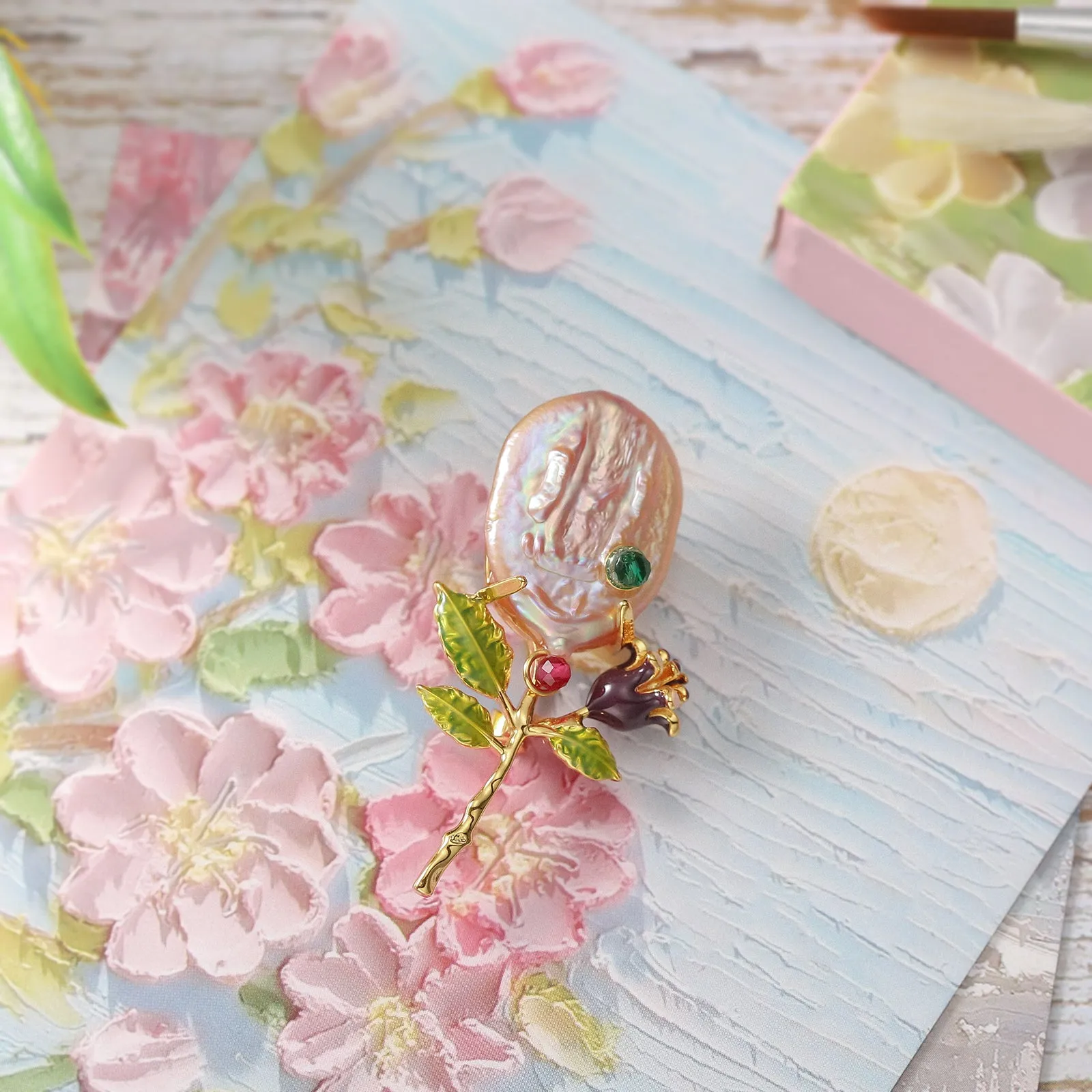 Vintage Pearl Flower Oil Painting Brooch sold by Selenichast product image thumbnail 3