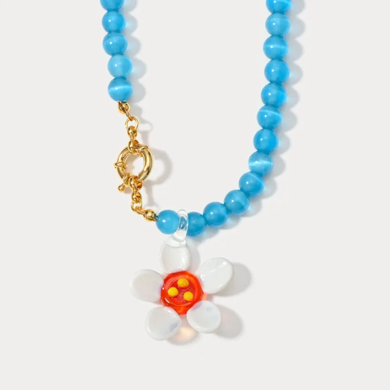Daisy Flower Cat Eye Stone Beaded Necklace sold by Selenichast