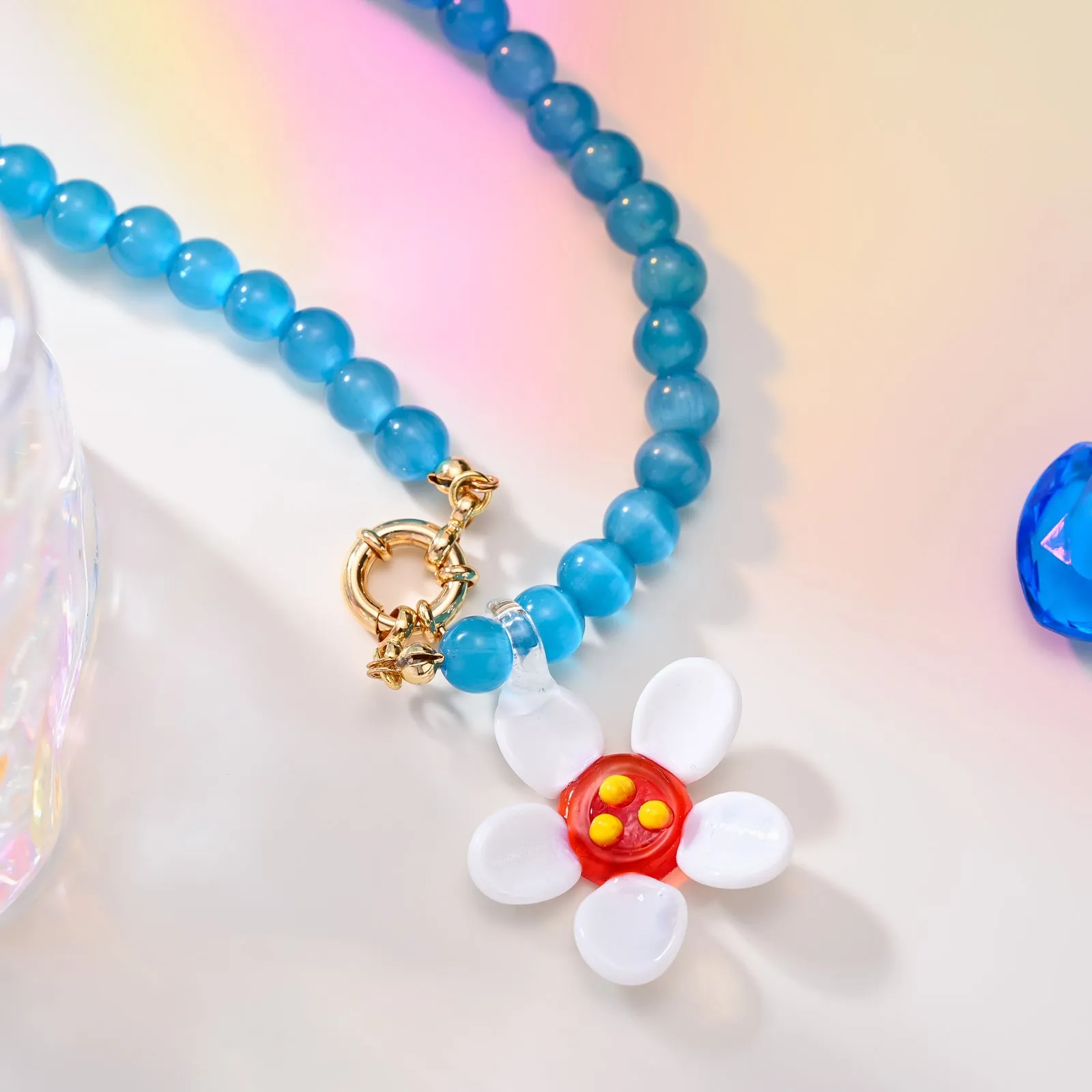 Daisy Flower Cat Eye Stone Beaded Necklace sold by Selenichast product image thumbnail 2