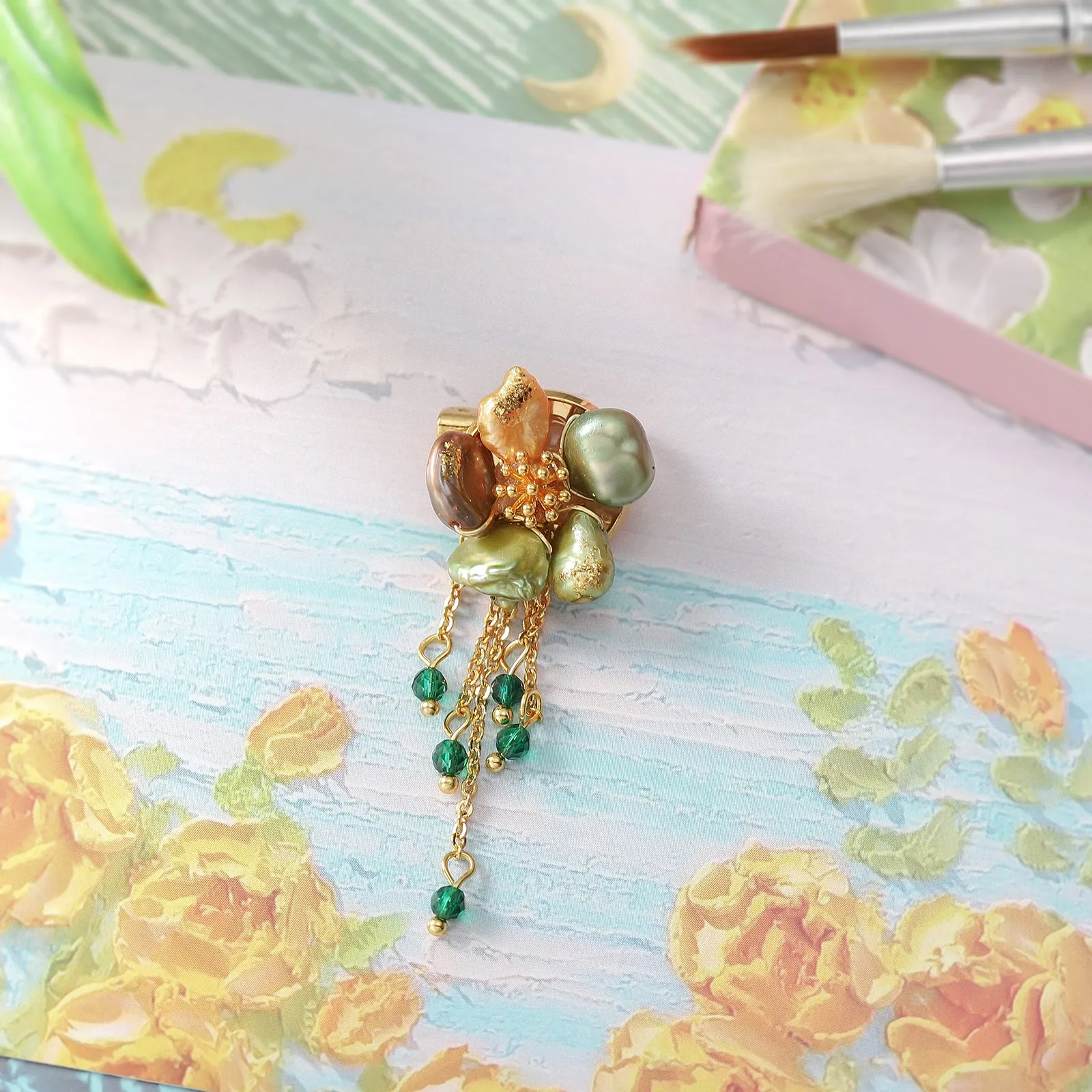 Flower Pearl Fringed Retro Oil Painting Brooch sold by Selenichast product image thumbnail 2