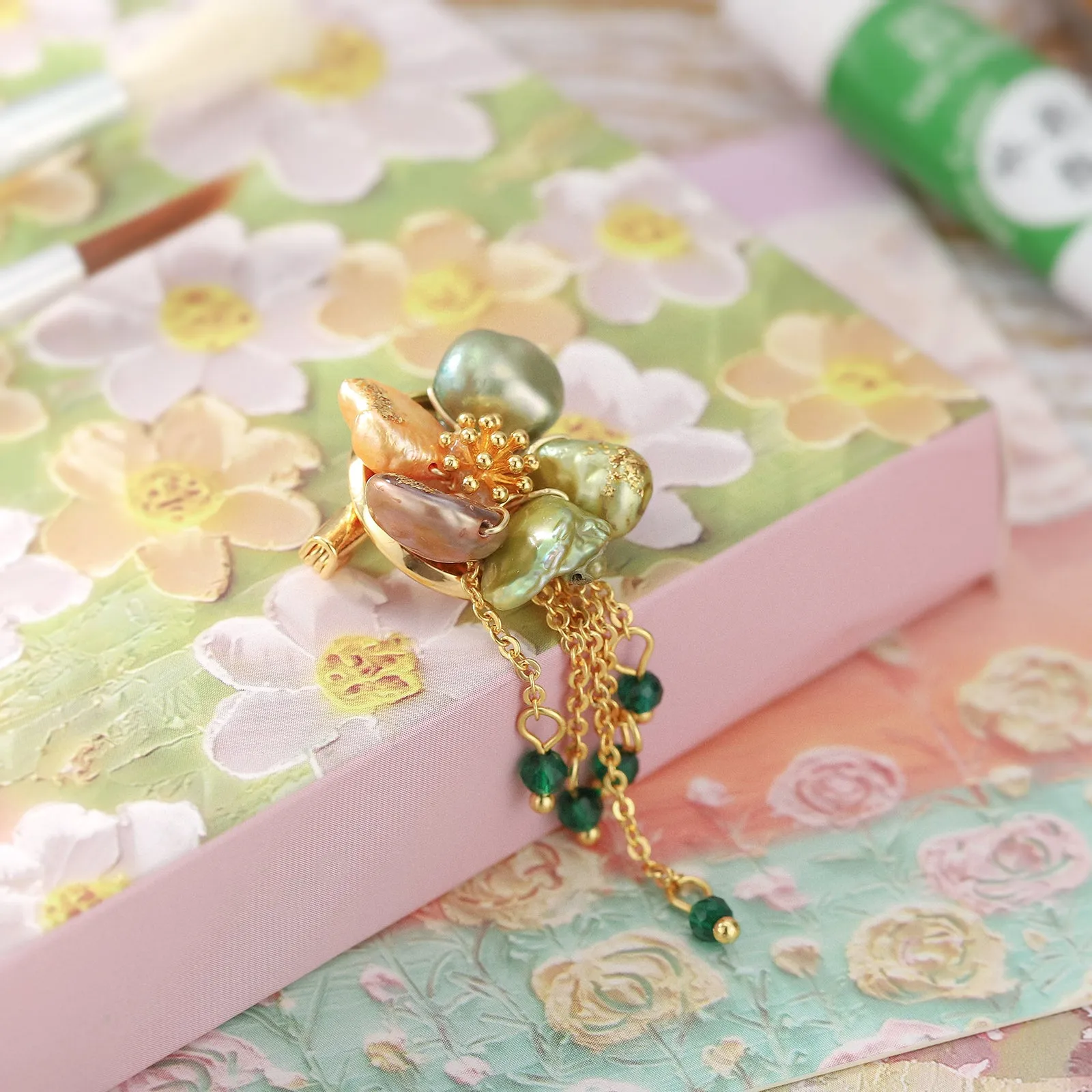 Flower Pearl Fringed Retro Oil Painting Brooch sold by Selenichast product image thumbnail 3