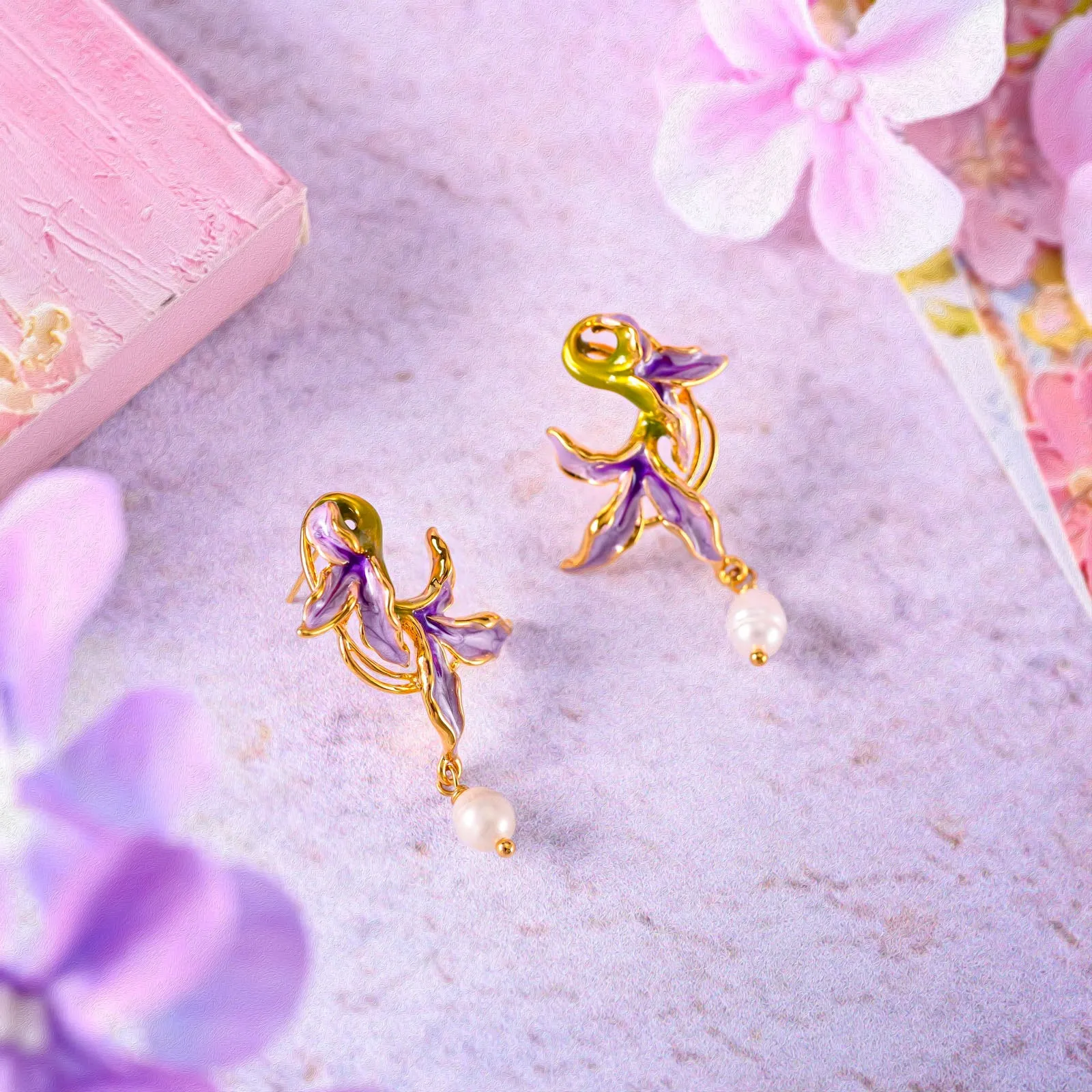 Purple Iris Flower Pearl Earrings sold by Selenichast product image thumbnail 2