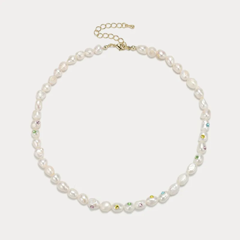 Rainbow Rhinestone Baroque Pearl Necklace sold by Selenichast