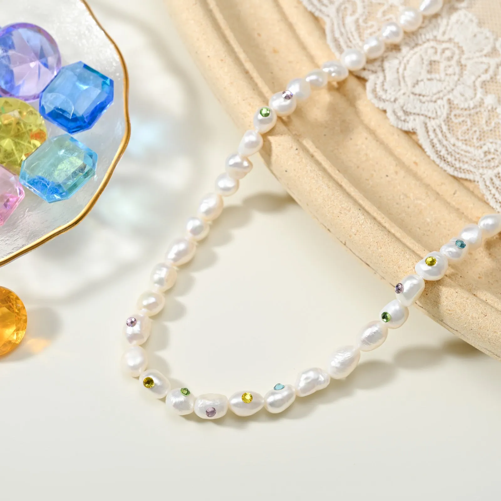 Rainbow Rhinestone Baroque Pearl Necklace sold by Selenichast product image thumbnail 2