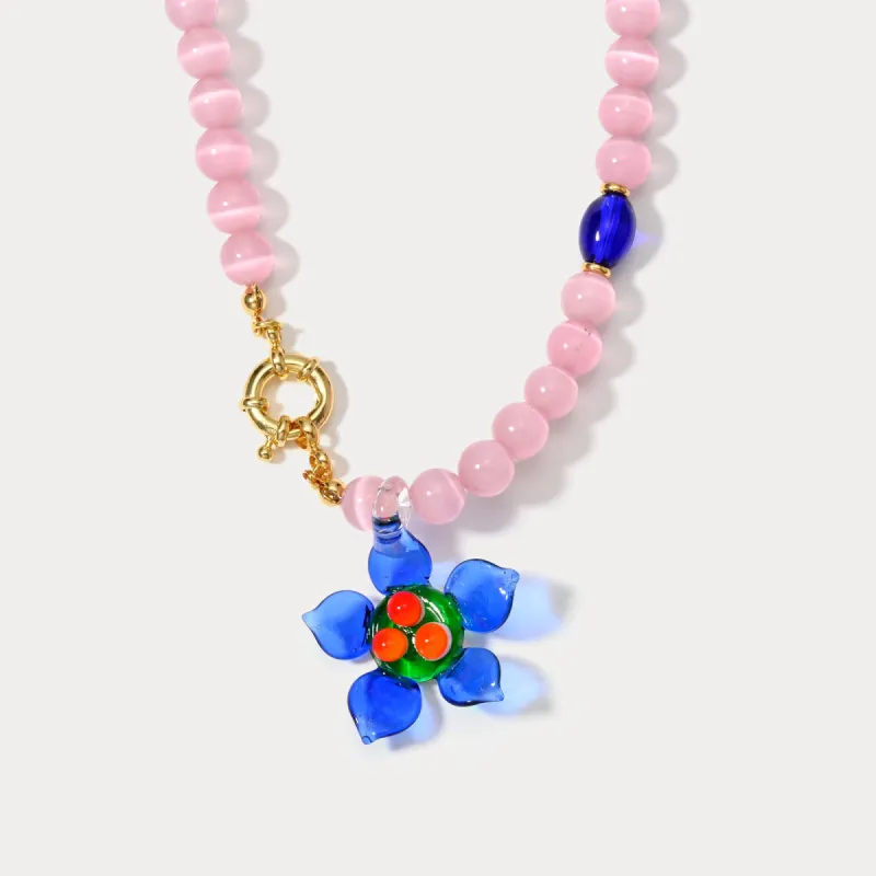 Daisy Flower Cat Eye Stone Beaded Necklace sold by Selenichast