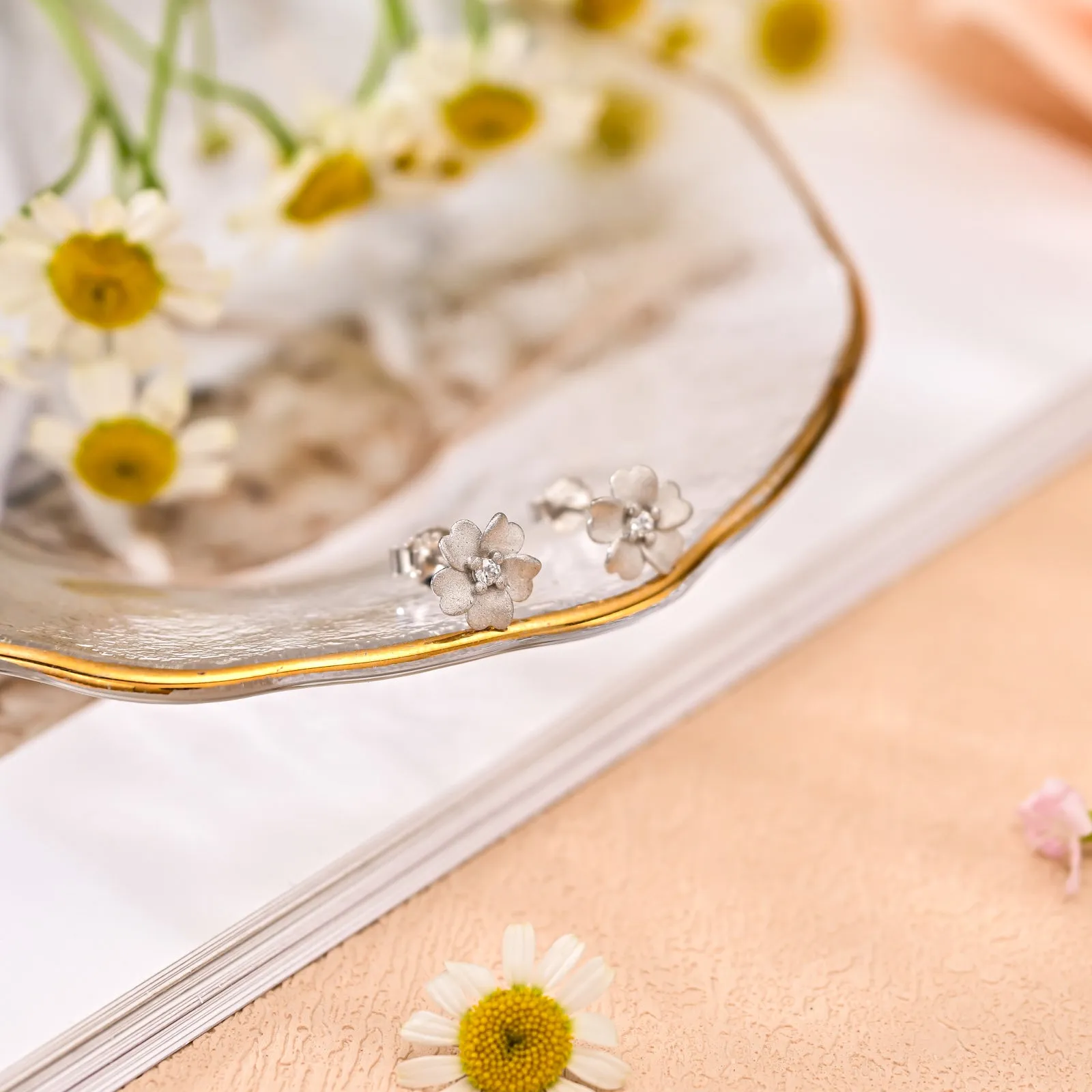 Silver Flower Stud Earrings sold by Selenichast product image thumbnail 3