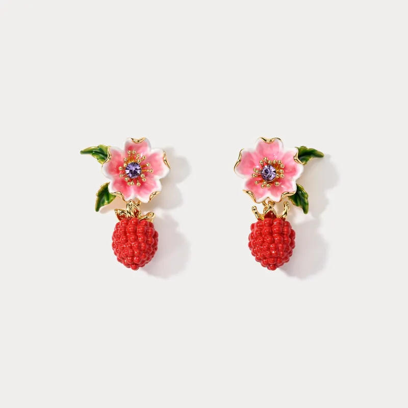 Raspberry Flower Enamel Earrings sold by Selenichast