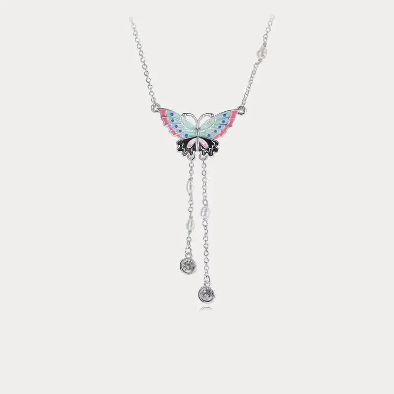 Silver Butterfly Enamel Necklace sold by Selenichast