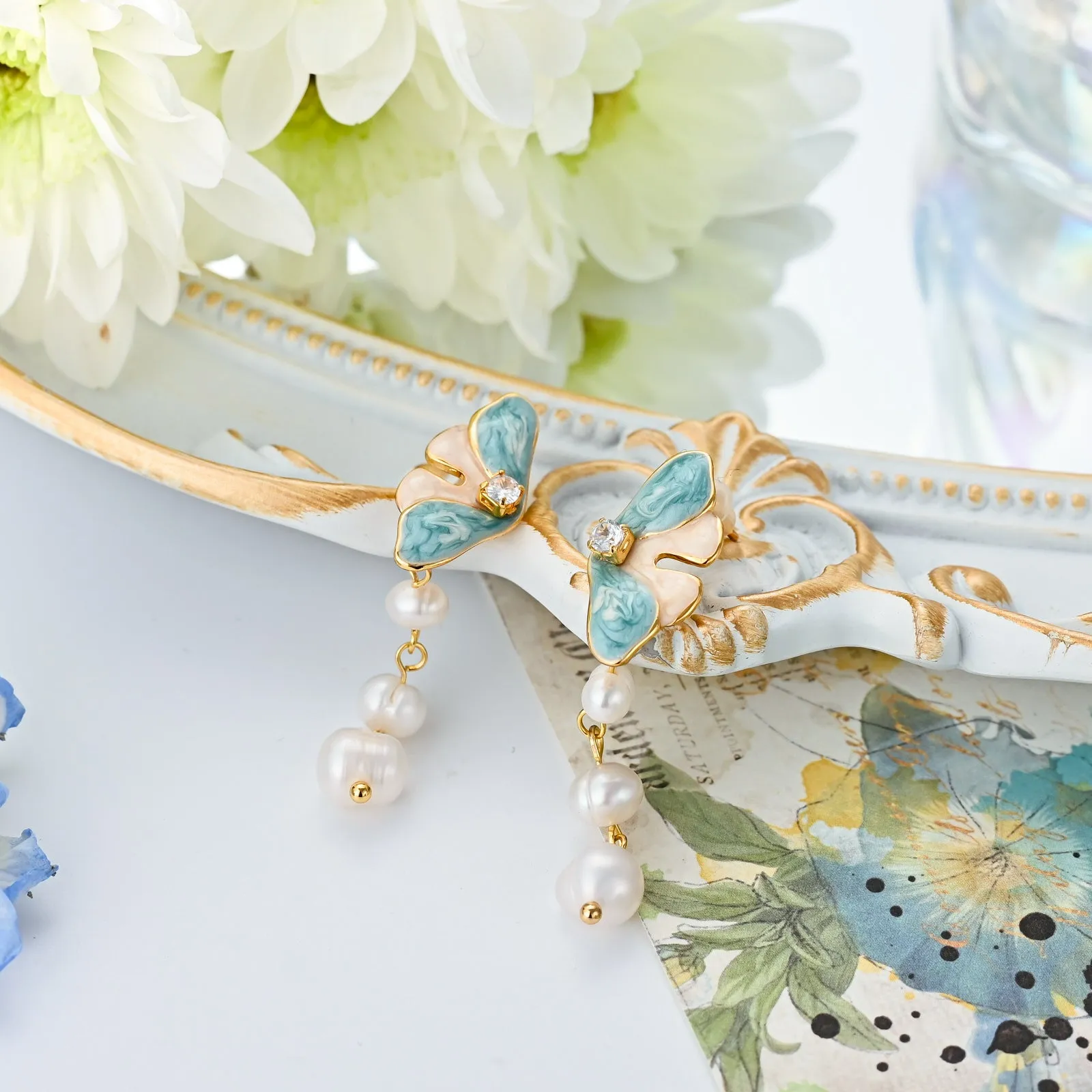 Butterfly Pearl Dangling Earrings sold by Selenichast product image thumbnail 2