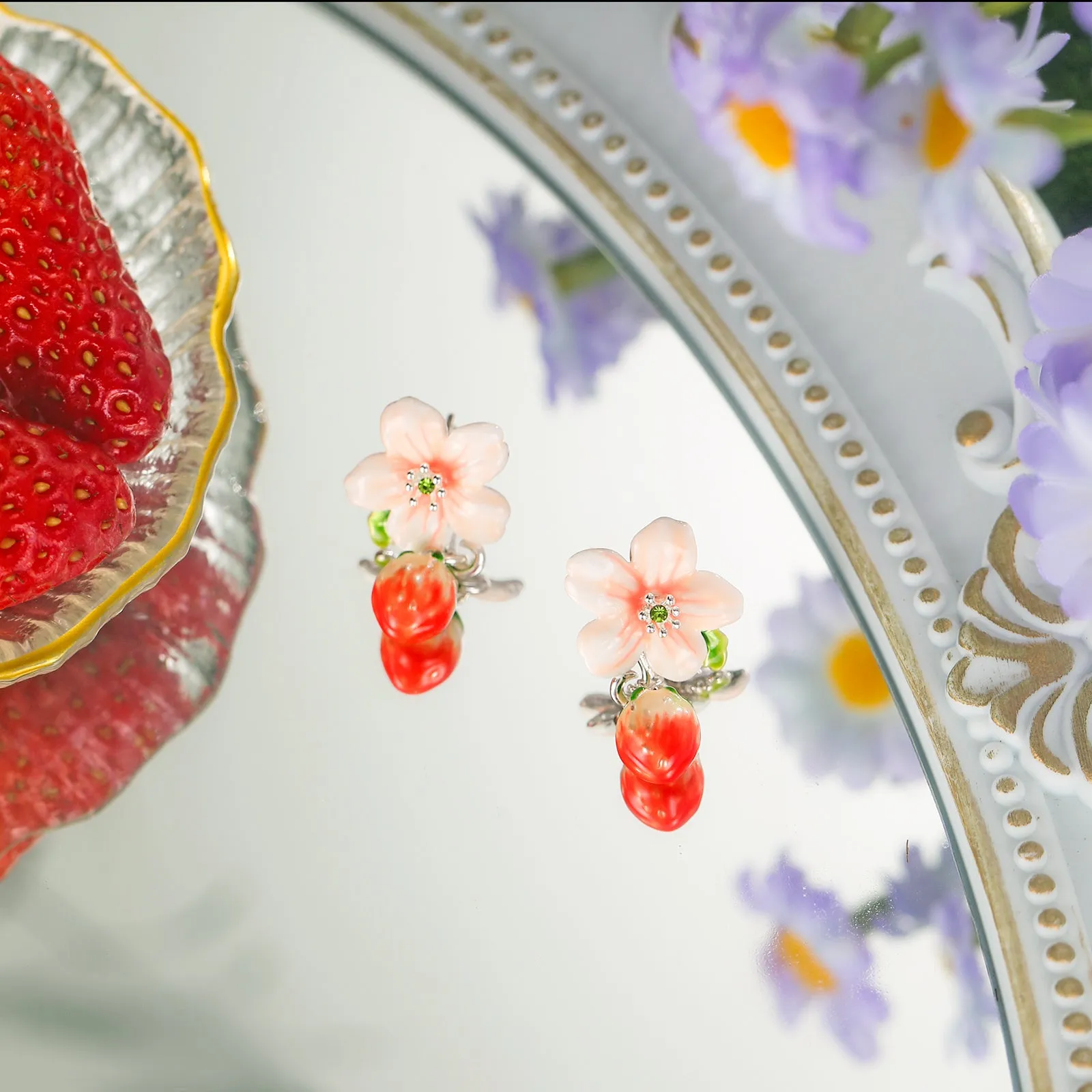 Strawberry Flower Silver Earrings sold by Selenichast product image thumbnail 3