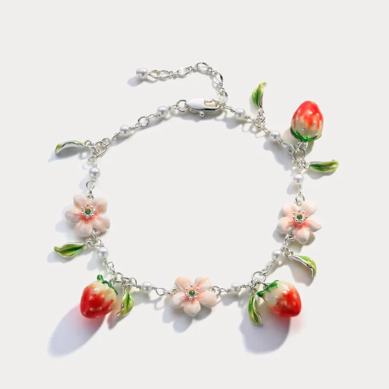 Strawberry Enamel Flower Silver Bracelet sold by Selenichast