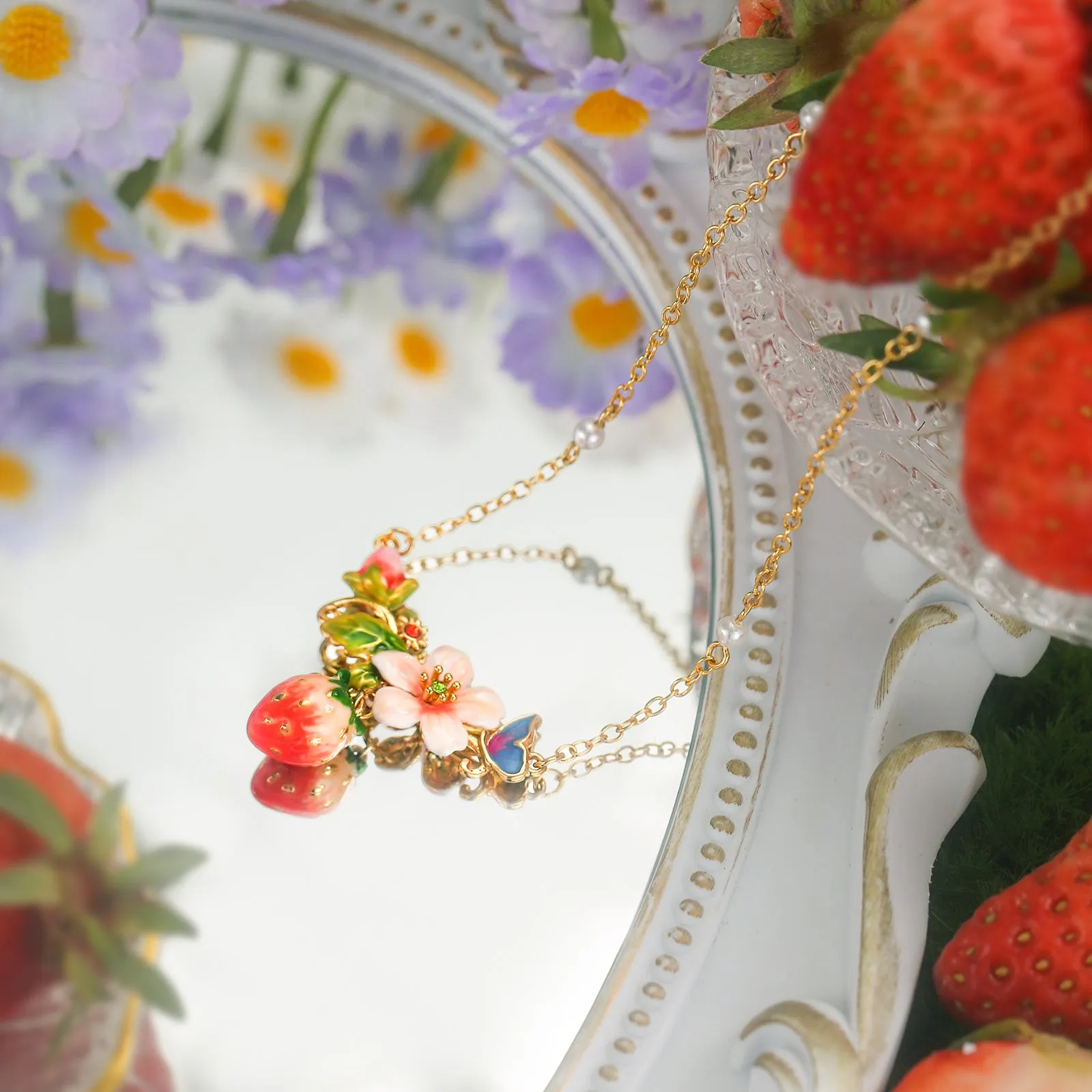 Strawberry Enamel Flower Necklace sold by Selenichast product image thumbnail 3