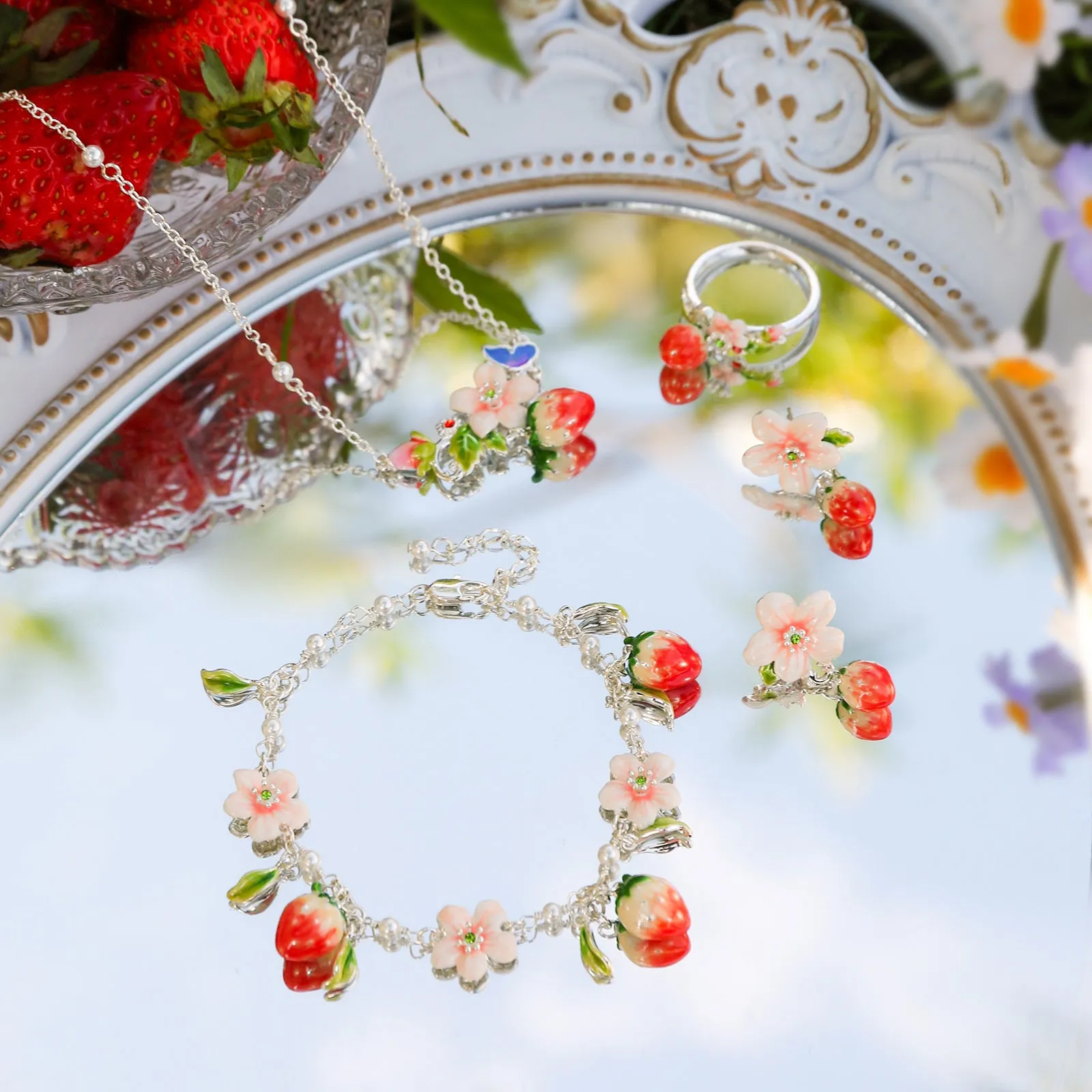 Strawberry Enamel Flower Silver Necklace sold by Selenichast product image thumbnail 4