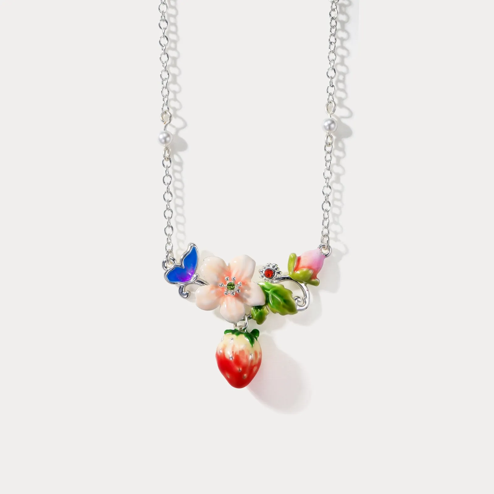 Strawberry Enamel Flower Silver Necklace sold by Selenichast