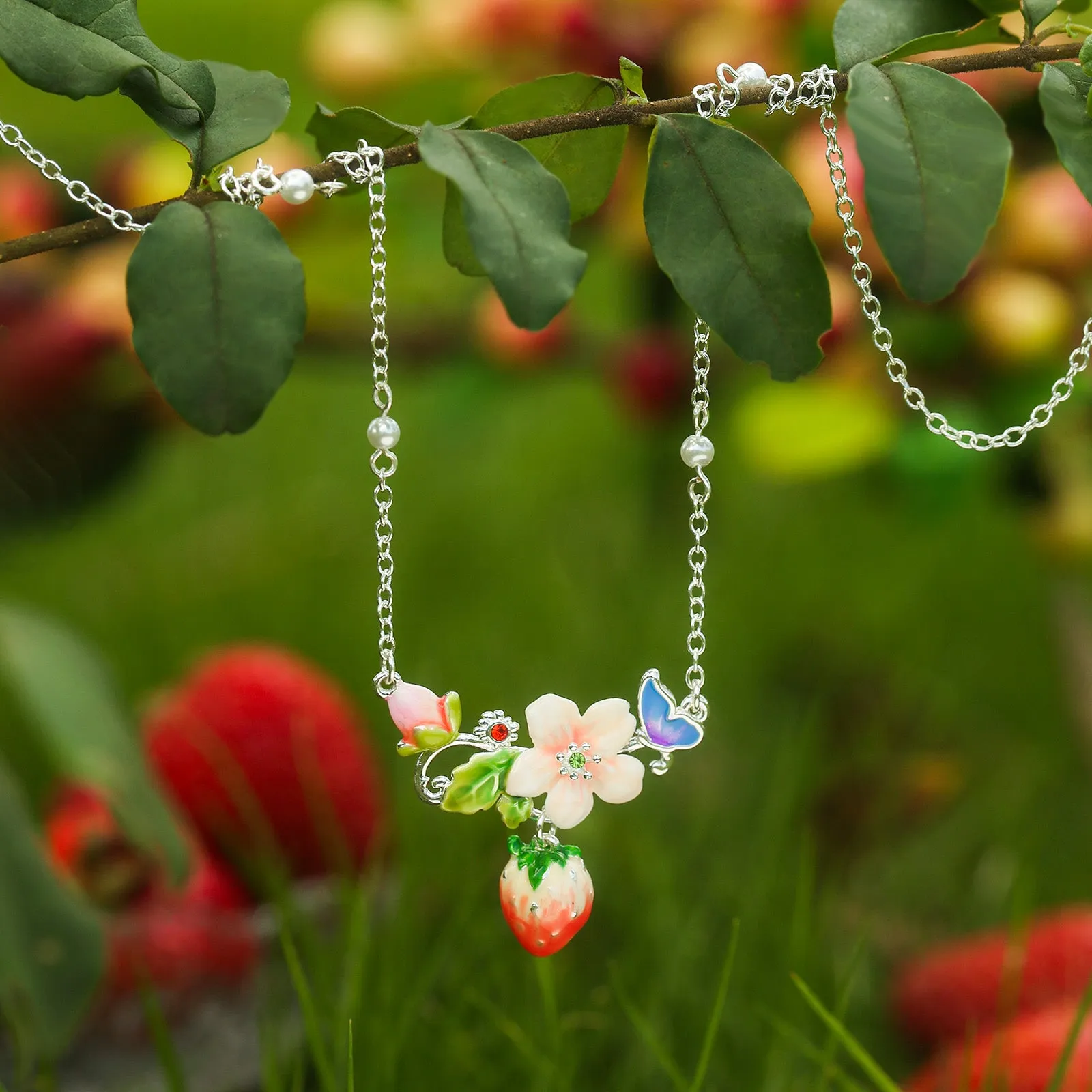 Strawberry Enamel Flower Silver Necklace sold by Selenichast product image thumbnail 2