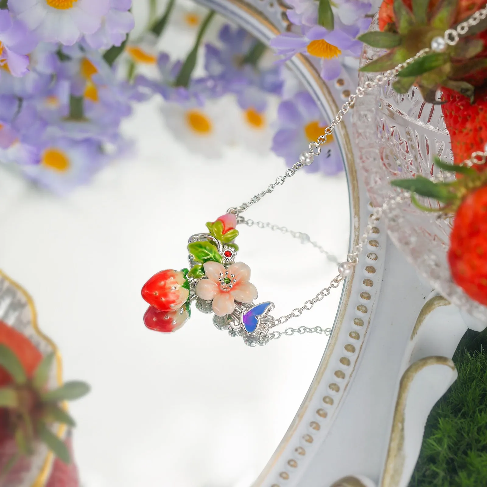 Strawberry Enamel Flower Silver Necklace sold by Selenichast product image thumbnail 3