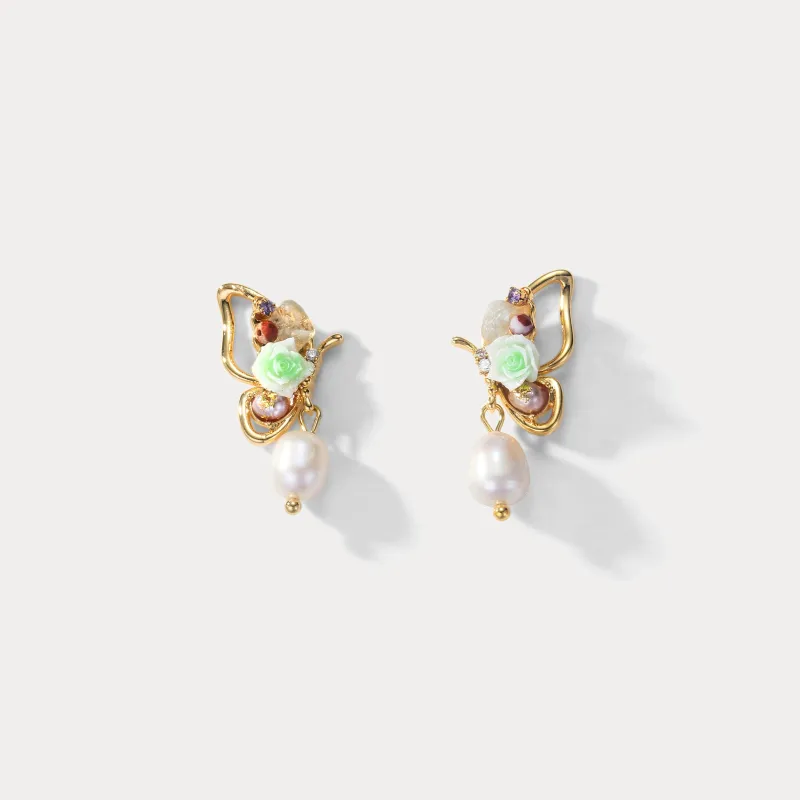 Butterfly Pearl Dangle Earrings sold by Selenichast