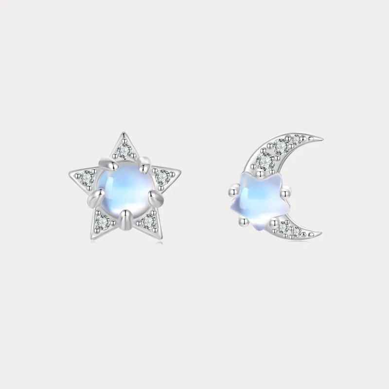 Silver Moonstone Moon & Star Stud Earrings sold by Selenichast