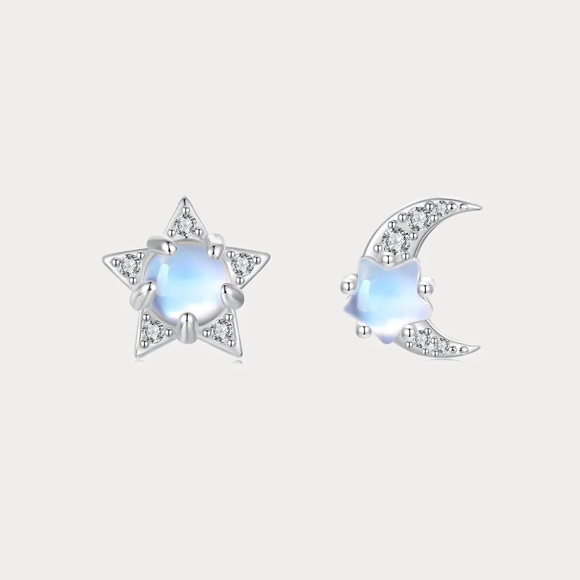 Silver Moonstone Moon & Star Stud Earrings sold by Selenichast