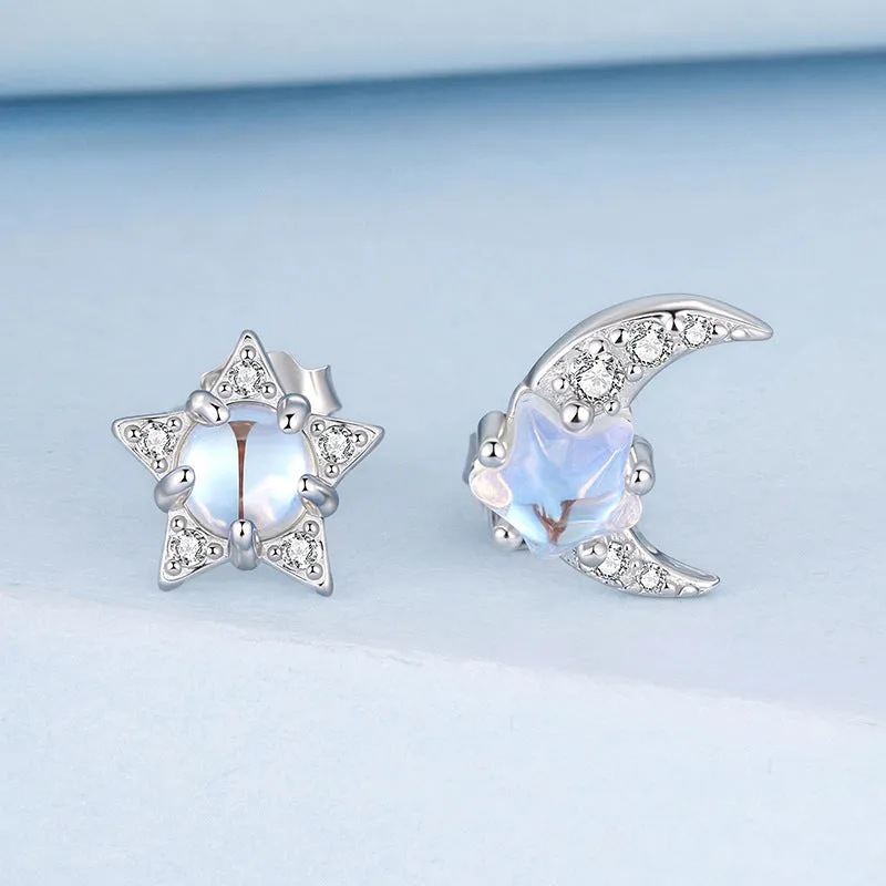 Silver Moonstone Moon & Star Stud Earrings sold by Selenichast product image thumbnail 5