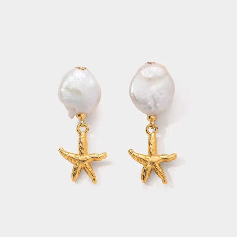 Gold Starfish Pearl Earrings sold by Selenichast