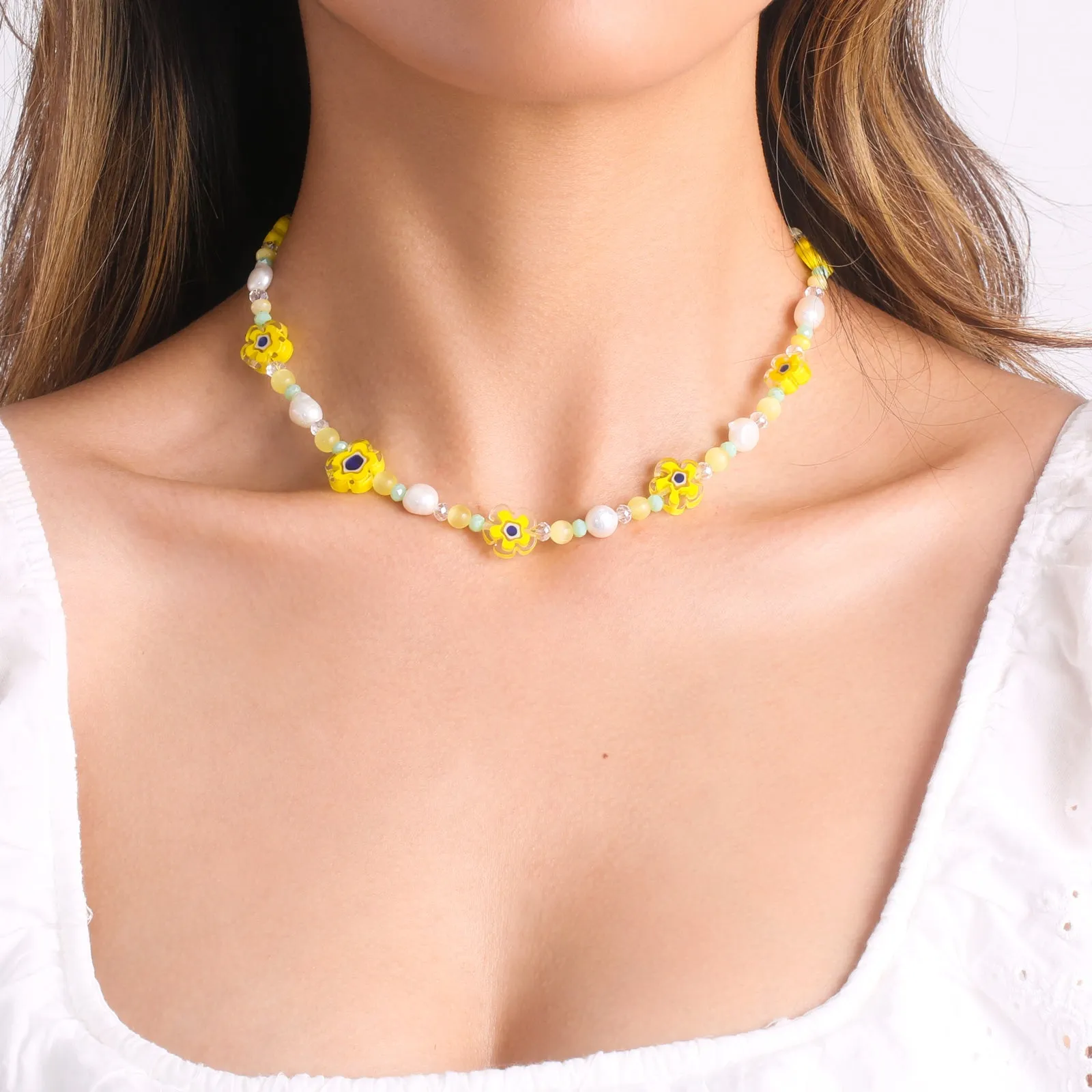 Pearl Yellow Flower Beaded Necklace sold by Selenichast product image thumbnail 5