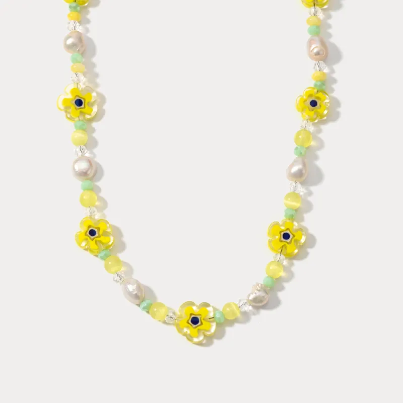 Pearl Yellow Flower Beaded Necklace made by Selenichast