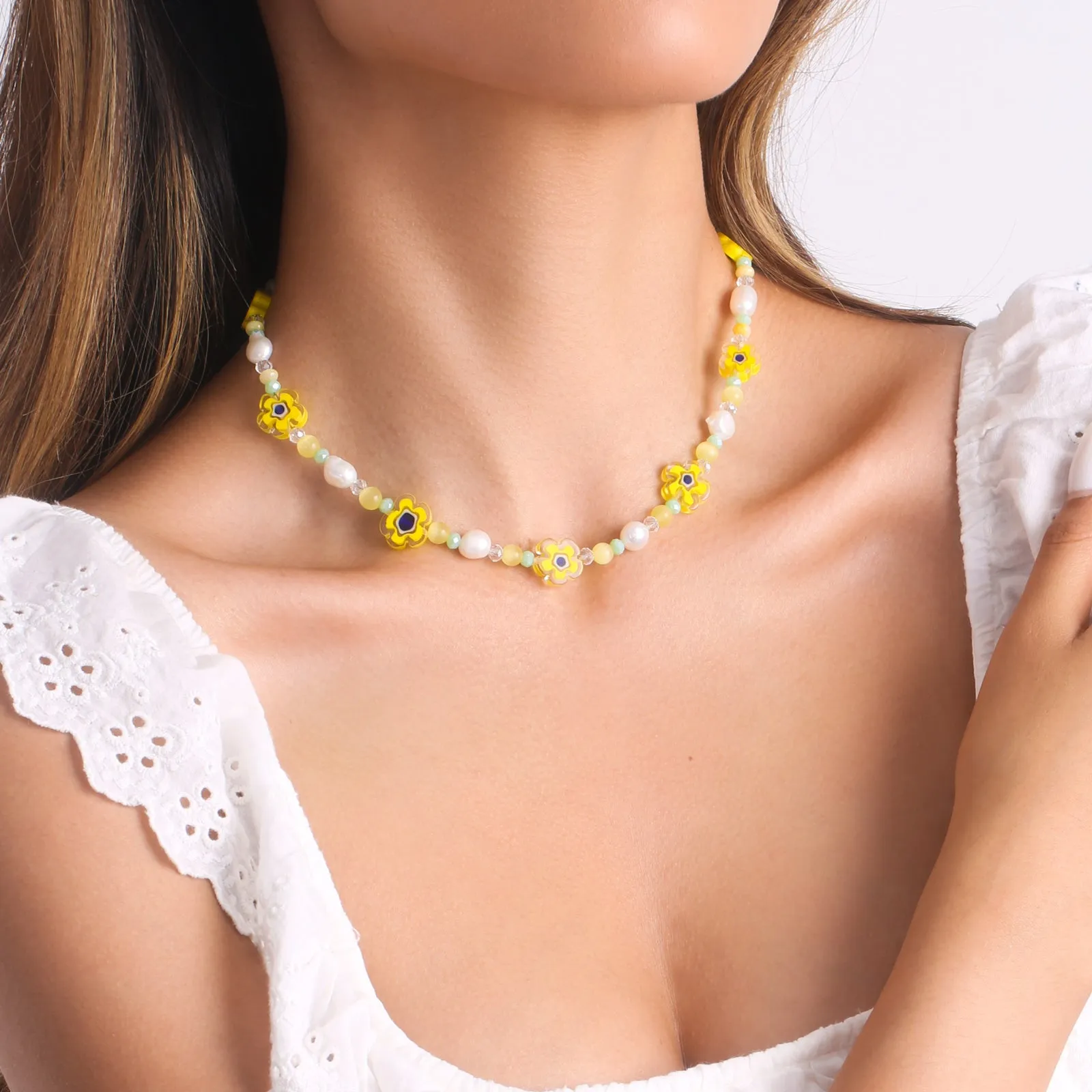 Pearl Yellow Flower Beaded Necklace sold by Selenichast product image thumbnail 4