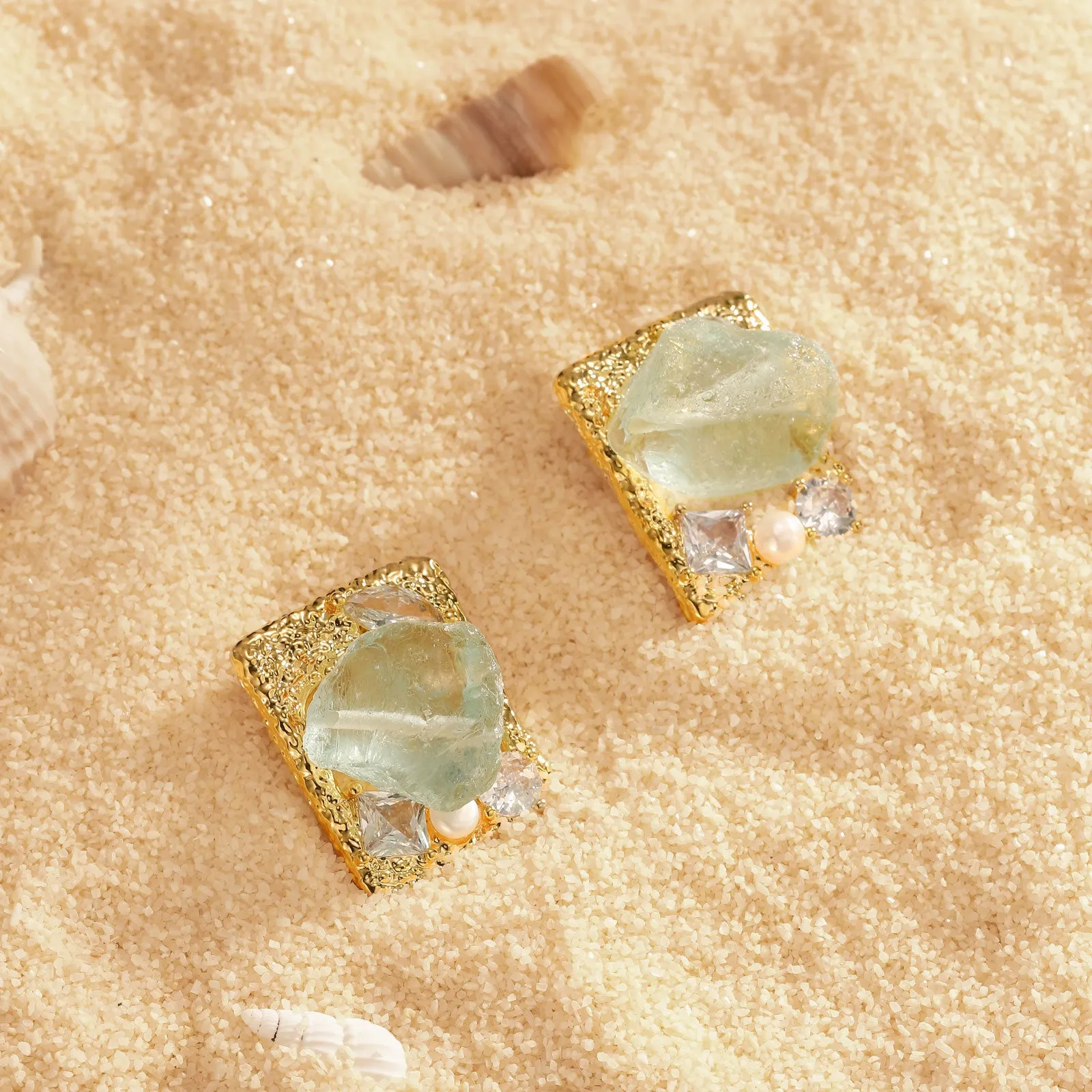 Gold Aquamarine Rough Gemstone Square Earrings sold by Selenichast product image thumbnail 3