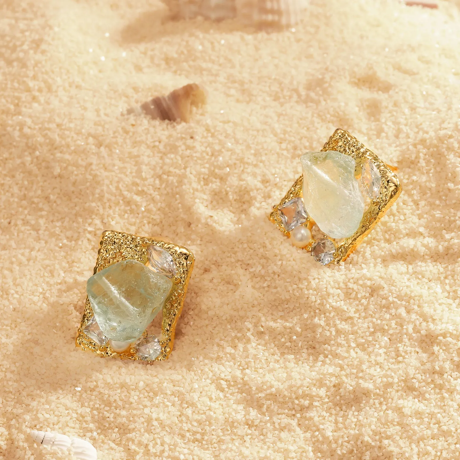 Gold Aquamarine Rough Gemstone Square Earrings sold by Selenichast product image thumbnail 2