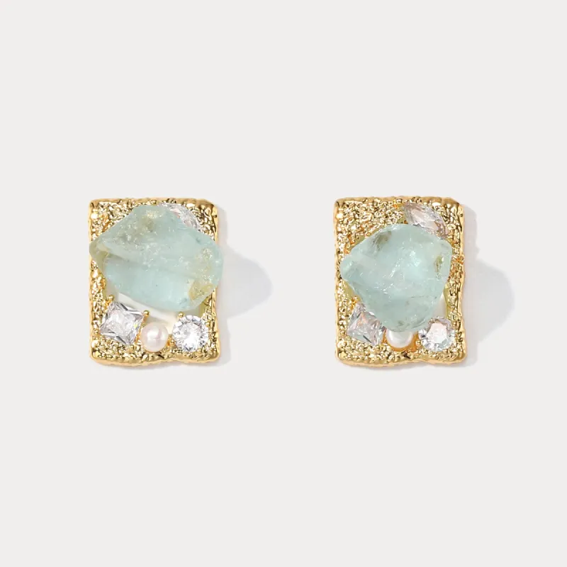 Gold Aquamarine Rough Gemstone Square Earrings sold by Selenichast