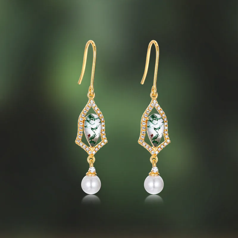Moss Agate Drop Earrings with Pearl sold by Selenichast product image thumbnail 2