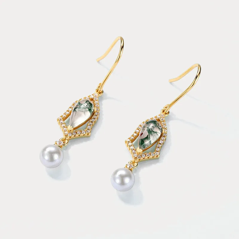 Moss Agate Drop Earrings with Pearl sold by Selenichast product image thumbnail 3
